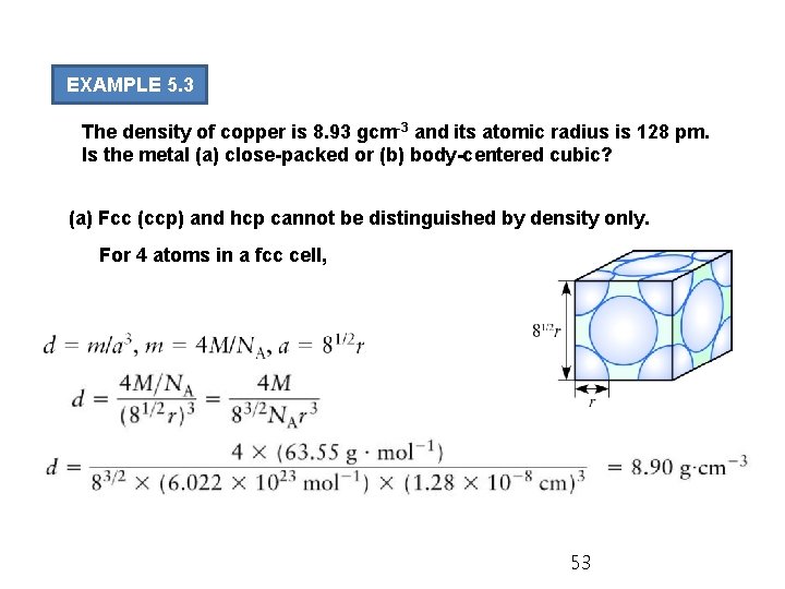 EXAMPLE 5. 3 The density of copper is 8. 93 gcm-3 and its atomic