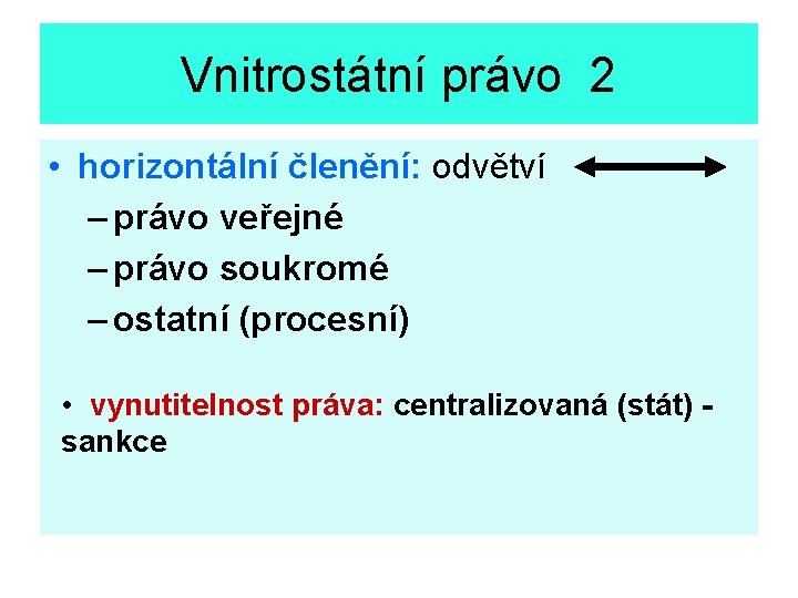 Vnitrostátní právo 2 • horizontální členění: odvětví – právo veřejné – právo soukromé –