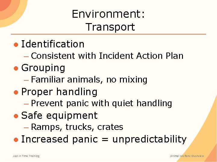 Environment: Transport ● Identification – Consistent with Incident Action Plan ● Grouping – Familiar