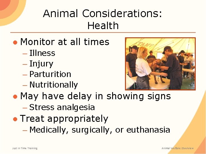 Animal Considerations: Health ● Monitor at all times – Illness – Injury – Parturition