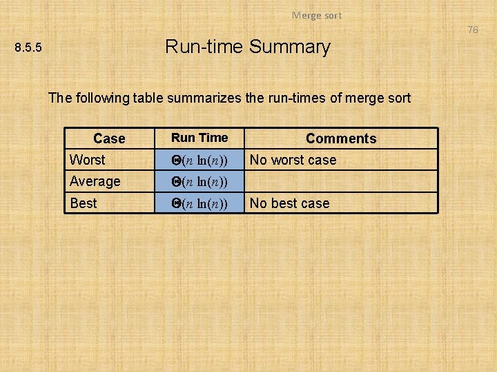 Merge sort 76 Run-time Summary 8. 5. 5 The following table summarizes the run-times