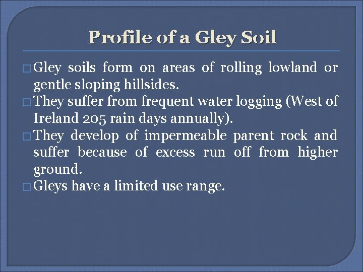 Profile of a Gley Soil � Gley soils form on areas of rolling lowland