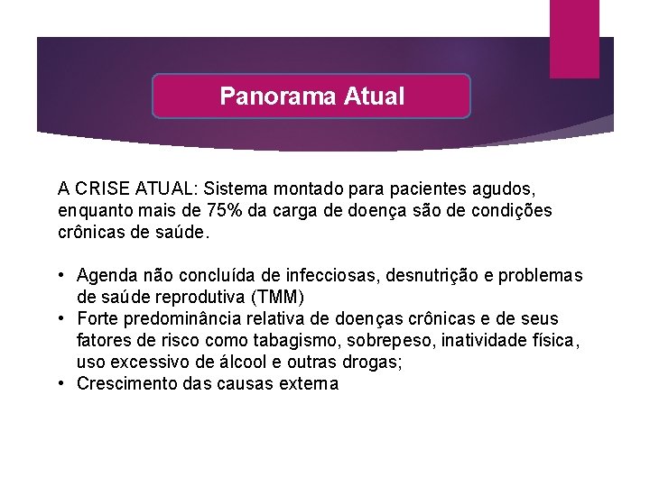 Panorama Atual A CRISE ATUAL: Sistema montado para pacientes agudos, enquanto mais de 75% Panorama Atual A CRISE ATUAL: Sistema montado para pacientes agudos, enquanto mais de 75%