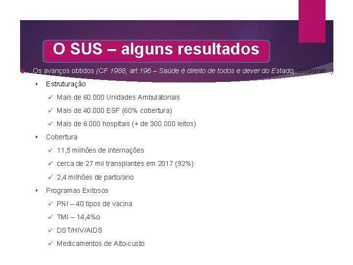 O SUS – alguns resultados Os avanços obtidos (CF 1988, art. 196 – Saúde