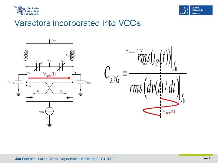 Institut für Theoretische Elektrotechnik Varactors incorporated into VCOs Vtune=1 V VDD=2, 5 V Vtank(t)