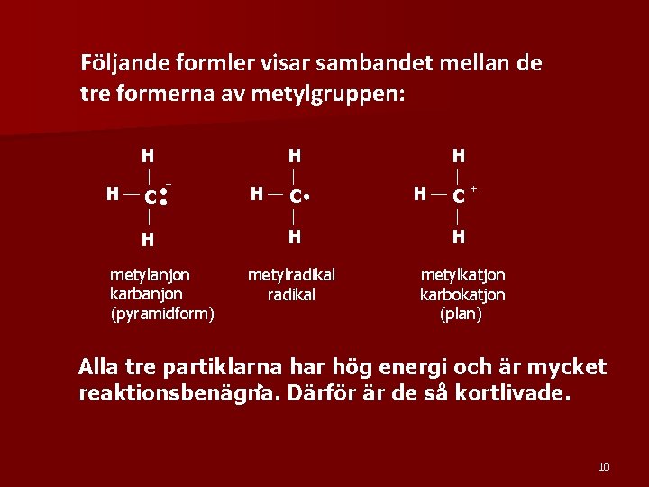 Följande formler visar sambandet mellan de tre formerna av metylgruppen: H C H metylanjon