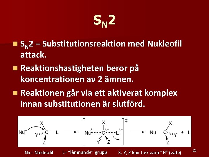 SN 2 n SN 2 – Substitutionsreaktion med Nukleofil attack. n Reaktionshastigheten beror på