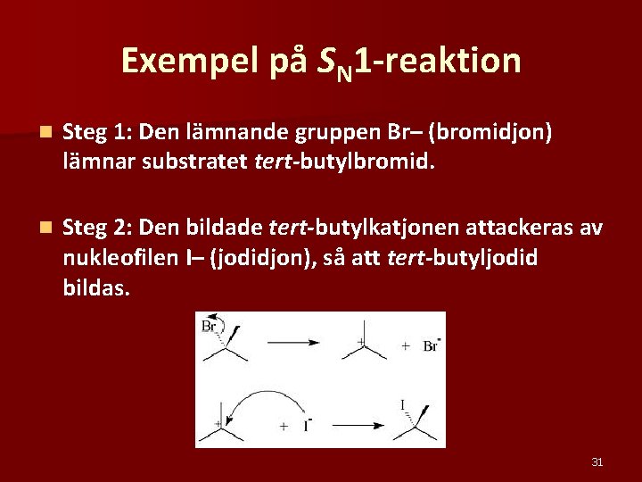 Exempel på SN 1 -reaktion n Steg 1: Den lämnande gruppen Br– (bromidjon) lämnar