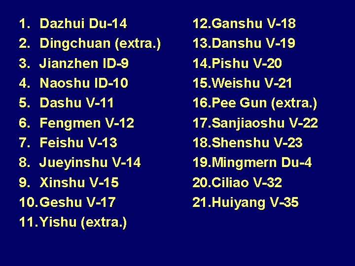 1. Dazhui Du-14 2. Dingchuan (extra. ) 3. Jianzhen ID-9 4. Naoshu ID-10 5.