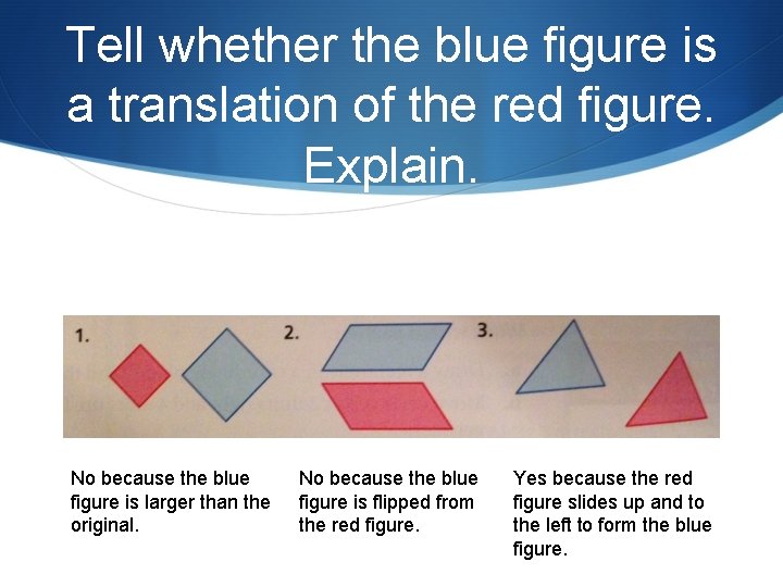 Tell whether the blue figure is a translation of the red figure. Explain. No