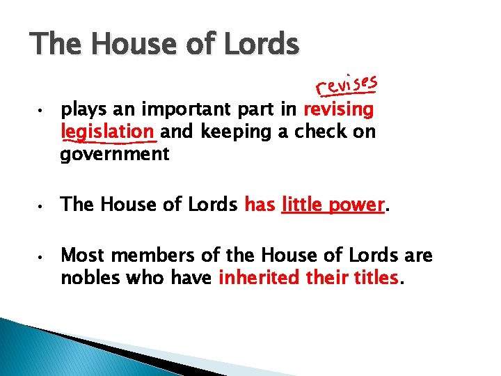 The House of Lords • • • plays an important part in revising legislation