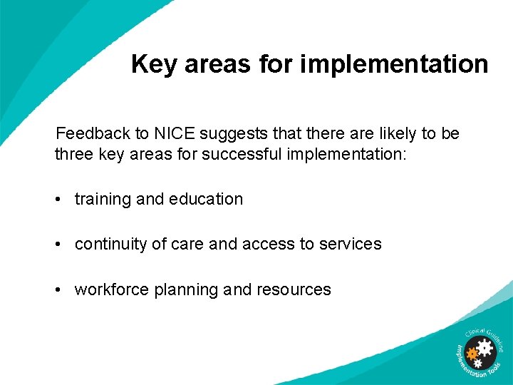 Key areas for implementation Feedback to NICE suggests that there are likely to be