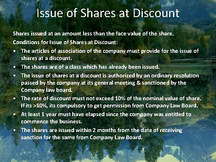 Issue of Shares at Discount Shares issued at an amount less than the face