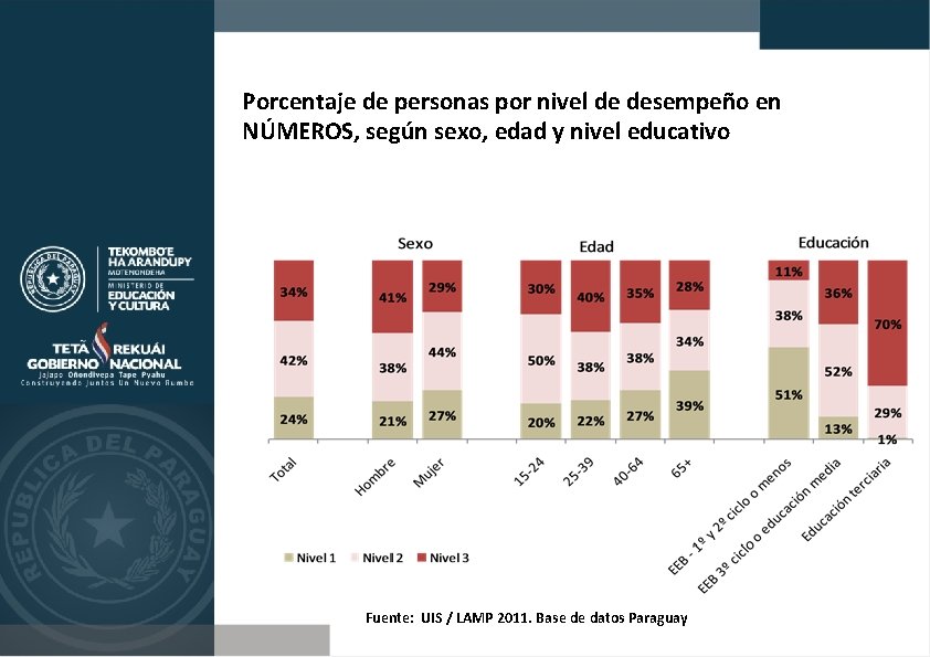 Porcentaje de personas por nivel de desempeño en NÚMEROS, según sexo, edad y nivel