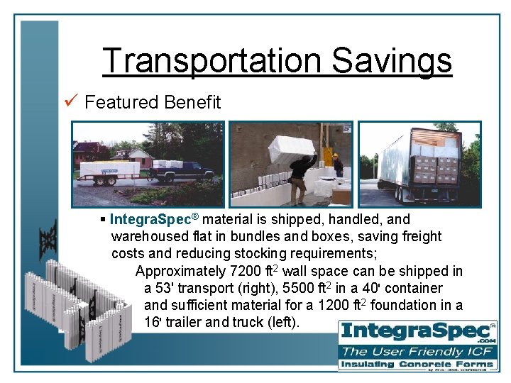 Transportation Savings ü Featured Benefit § Integra. Spec® material is shipped, handled, and warehoused