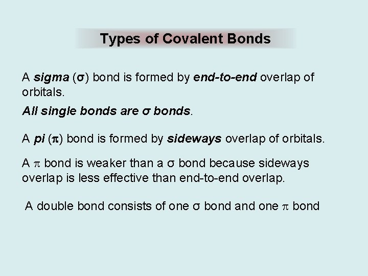 Types of Covalent Bonds A sigma (σ) bond is formed by end-to-end overlap of
