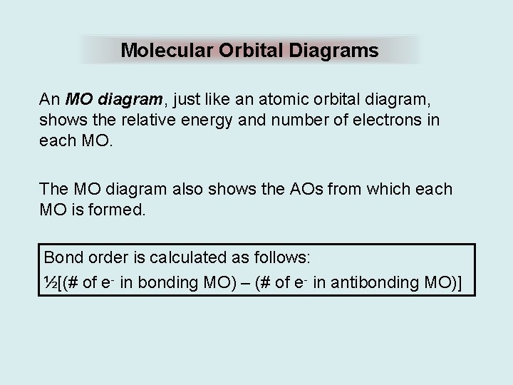 Molecular Orbital Diagrams An MO diagram, just like an atomic orbital diagram, shows the