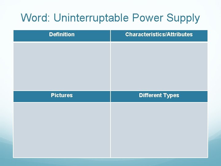 Word: Uninterruptable Power Supply Definition Characteristics/Attributes Pictures Different Types 