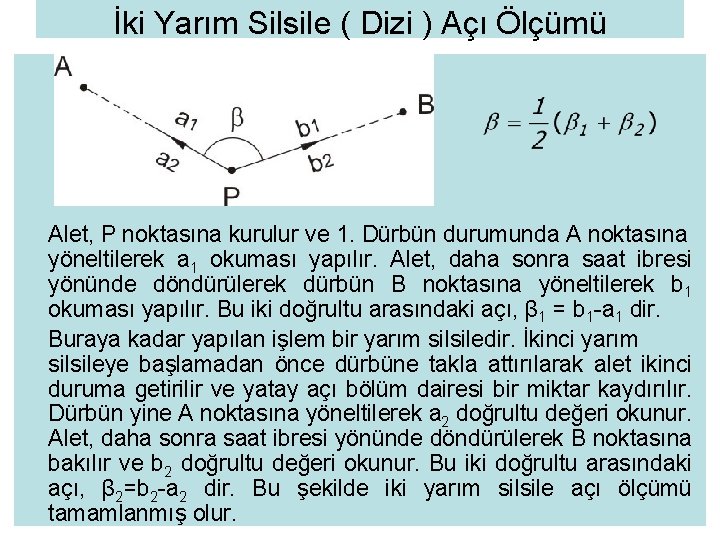 İki Yarım Silsile ( Dizi ) Açı Ölçümü Alet, P noktasına kurulur ve 1.