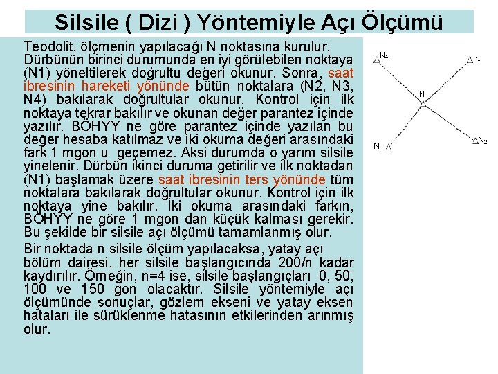 Silsile ( Dizi ) Yöntemiyle Açı Ölçümü Teodolit, ölçmenin yapılacağı N noktasına kurulur. Dürbünün