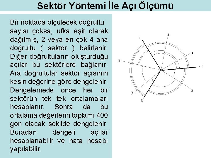 Sektör Yöntemi İle Açı Ölçümü Bir noktada ölçülecek doğrultu sayısı çoksa, ufka eşit olarak