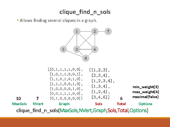 clique_find_n_sols • Allows finding several cliques in a graph. 10 Max. Sols 7 NVert