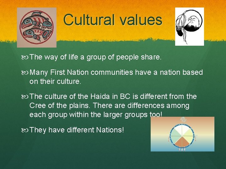 Cultural values The way of life a group of people share. Many First Nation