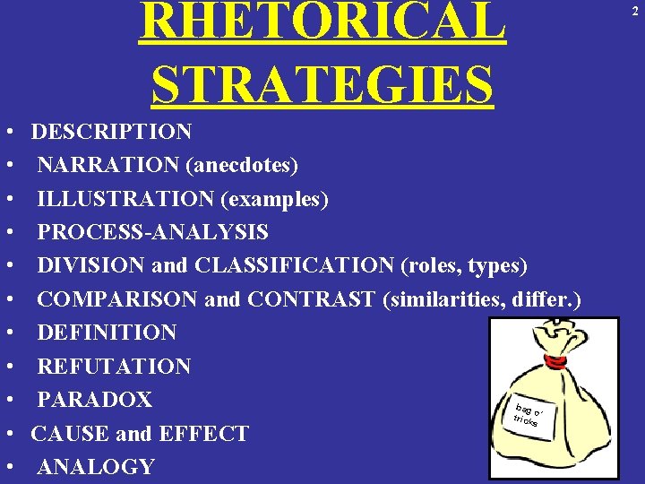 RHETORICAL STRATEGIES • • • DESCRIPTION NARRATION (anecdotes) ILLUSTRATION (examples) PROCESS-ANALYSIS DIVISION and CLASSIFICATION