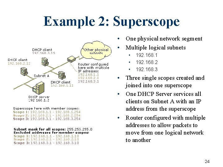 Example 2: Superscope • One physical network segment • Multiple logical subnets • • Example 2: Superscope • One physical network segment • Multiple logical subnets • •