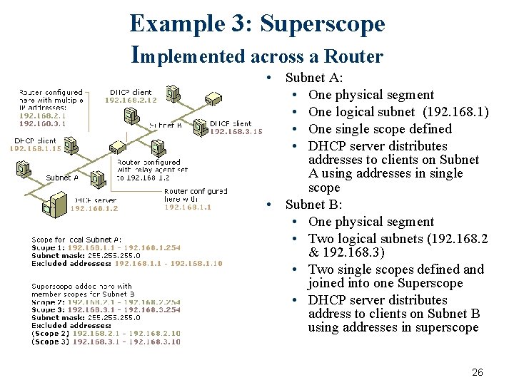 Example 3: Superscope Implemented across a Router • Subnet A: • One physical segment Example 3: Superscope Implemented across a Router • Subnet A: • One physical segment