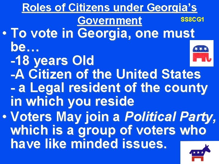 Roles of Citizens under Georgia’s SS 8 CG 1 Government • To vote in