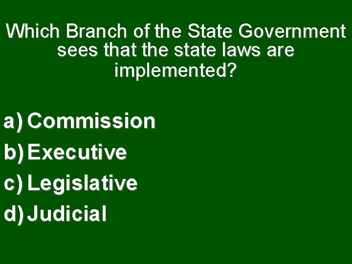 Which Branch of the State Government sees that the state laws are implemented? a)