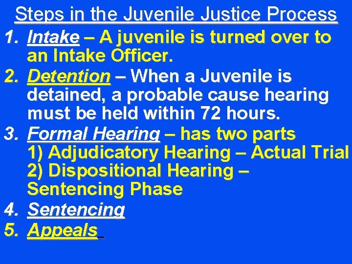 Steps in the Juvenile Justice Process 1. Intake – A juvenile is turned over