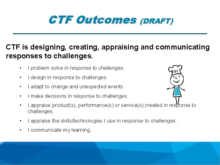 CTF Outcomes (DRAFT) CTF is designing, creating, appraising and communicating responses to challenges. •