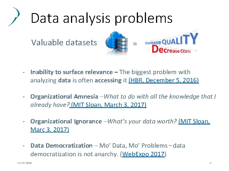 Data analysis problems Valuable datasets = - Inability to surface relevance – The biggest