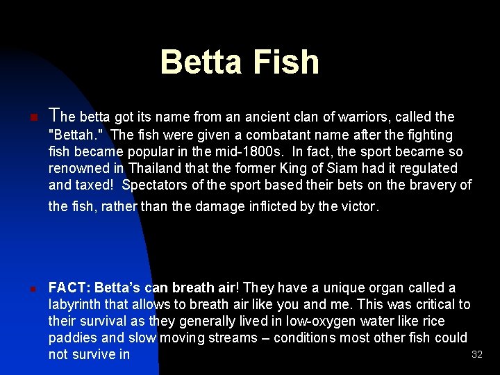 Betta Fish n The betta got its name from an ancient clan of warriors,