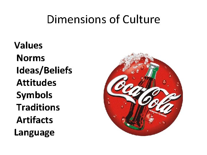 Dimensions of Culture Values Norms Ideas/Beliefs Attitudes Symbols Traditions Artifacts Language 