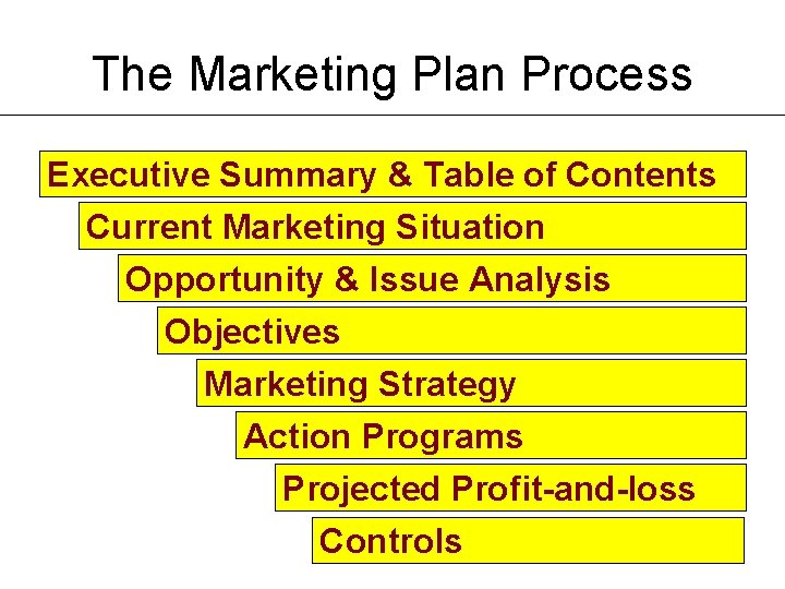 The Marketing Plan Process Executive Summary & Table of Contents Current Marketing Situation Opportunity