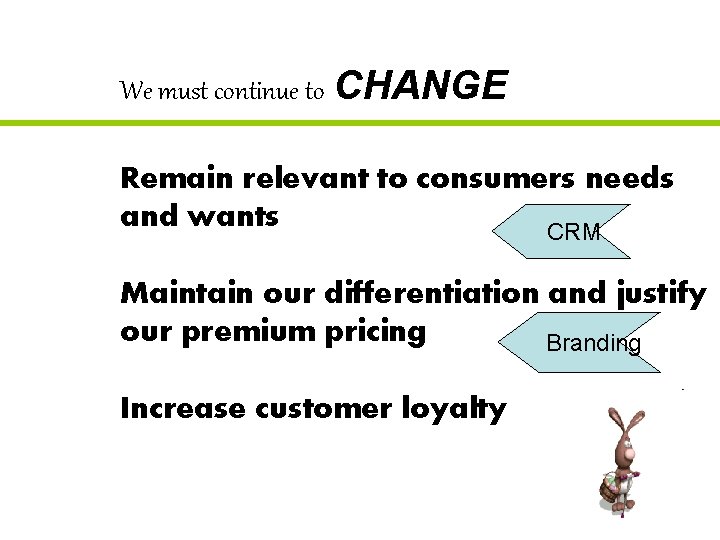 We must continue to CHANGE Remain relevant to consumers needs and wants CRM Maintain