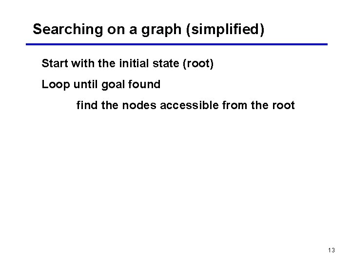 Searching on a graph (simplified) Start with the initial state (root) Loop until goal