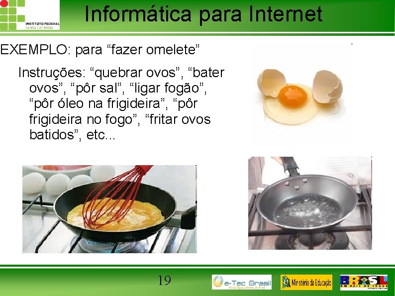 Informática para Internet EXEMPLO: para “fazer omelete” Instruções: “quebrar ovos”, “bater ovos”, “pôr sal”,