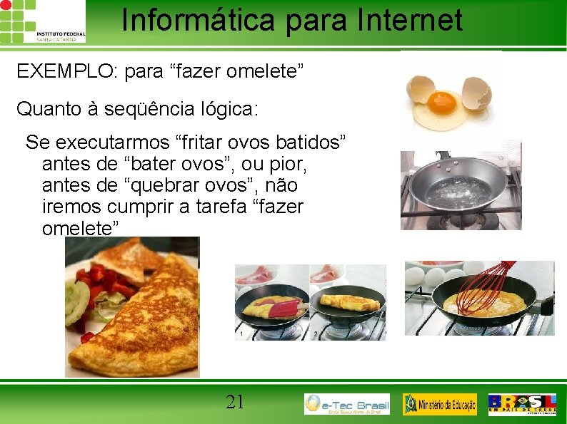 Informática para Internet EXEMPLO: para “fazer omelete” Quanto à seqüência lógica: Se executarmos “fritar