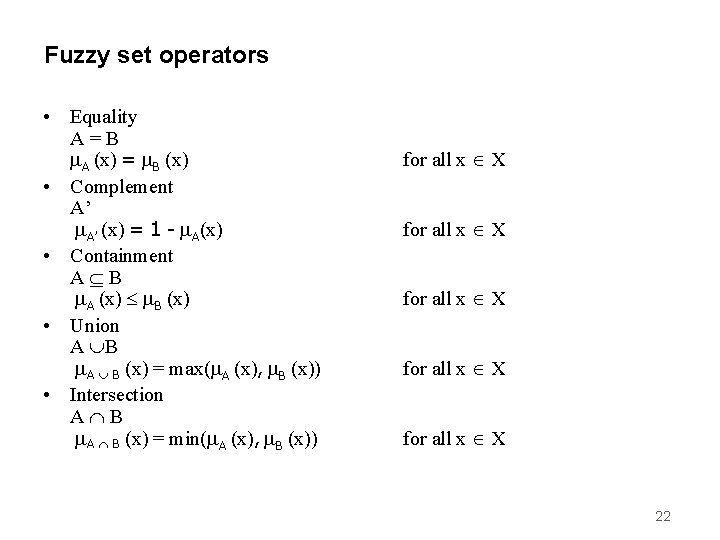 Fuzzy set operators • Equality A=B A (x) = B (x) • Complement A’