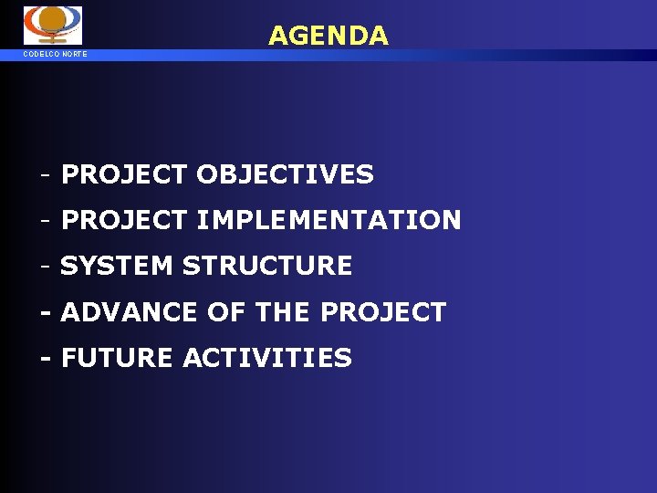 CODELCO NORTE AGENDA - PROJECT OBJECTIVES - PROJECT IMPLEMENTATION - SYSTEM STRUCTURE - ADVANCE