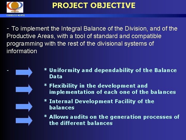 PROJECT OBJECTIVE CODELCO NORTE - To implement the Integral Balance of the Division, and