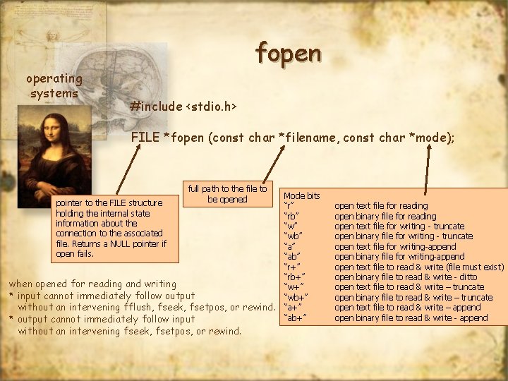 operating systems fopen #include <stdio. h> FILE *fopen (const char *filename, const char *mode);