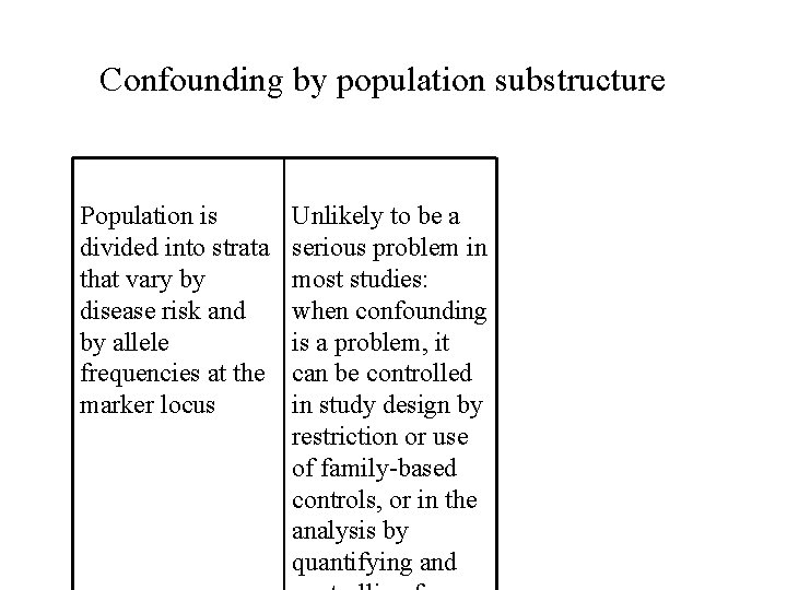 Confounding by population substructure Population is divided into strata that vary by disease risk