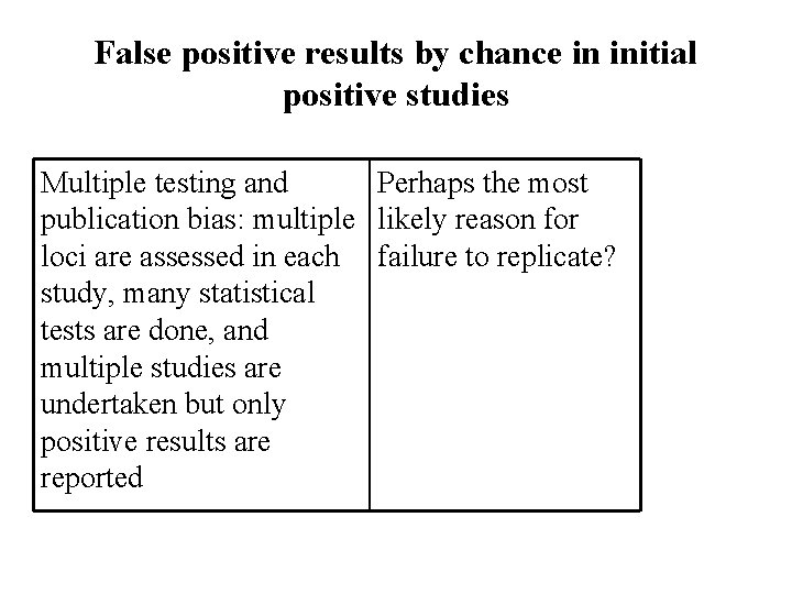 False positive results by chance in initial positive studies Multiple testing and Perhaps the