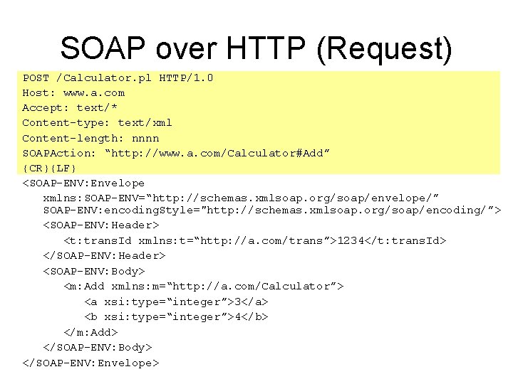 SOAP over HTTP (Request) POST /Calculator. pl HTTP/1. 0 Host: www. a. com Accept: