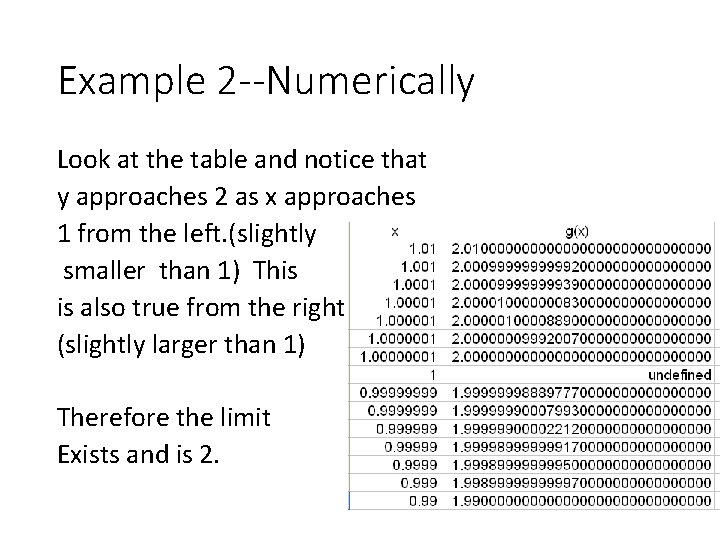 Example 2 --Numerically Look at the table and notice that y approaches 2 as